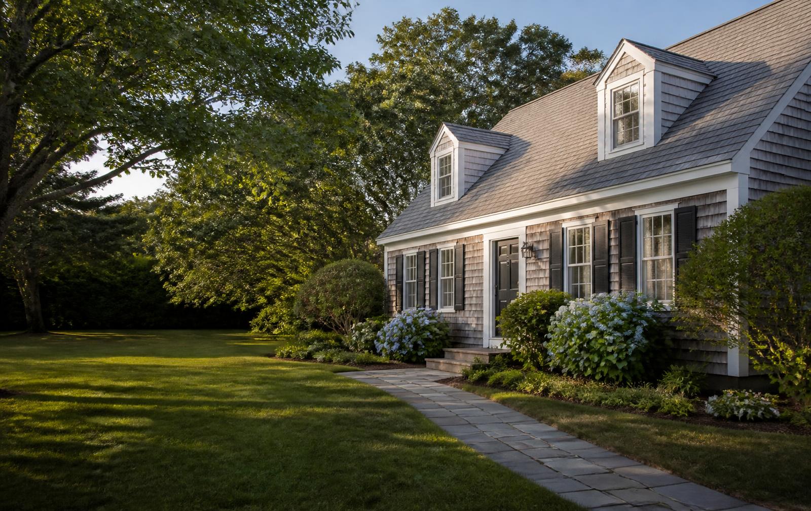 Well-maintained Cape Cod home with lawn and hydrangeas