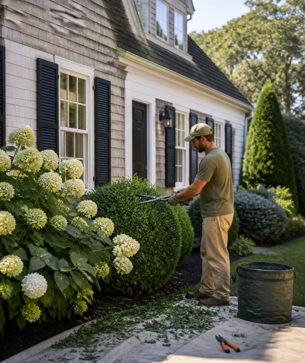 Landscaping professional trimming shrubs at a Cape Cod home